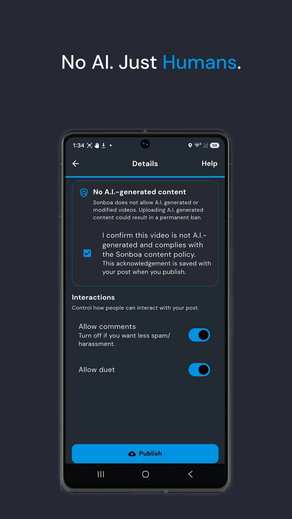 Sonboa's human-made content confirmation on Android
